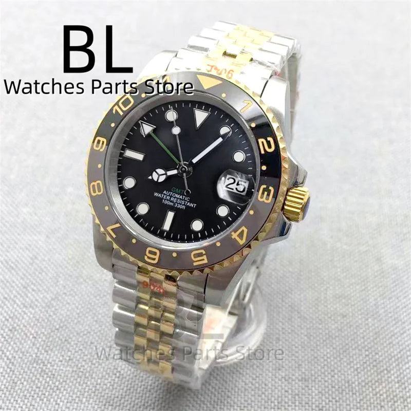 BLIGER 40mm NH34 GMT Watch For Men With Black Gray Ceramic Bezel Sapphire Glass Green Gmt Hands Green GMT Text Jubilee Bracelet
