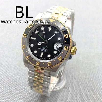 BLIGER 40mm NH34 GMT Watch For Men With Black Gray Ceramic Bezel Sapphire Glass Green Gmt Hands Green GMT Text Jubilee Bracelet