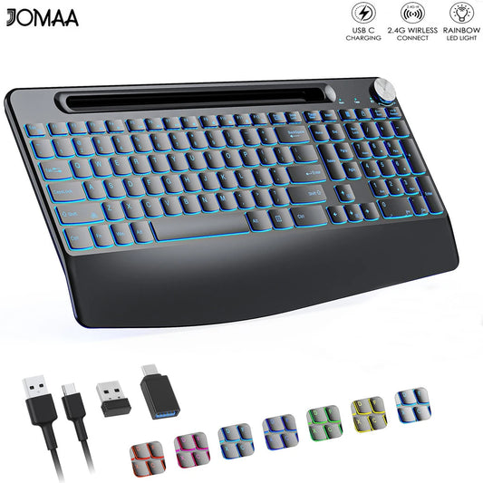 Wireless Keyboard with 7 Colored Backlights, Wrist Rest, Phone Holder, Rechargeable Ergonomic Full Size Keyboard with Silent Keys