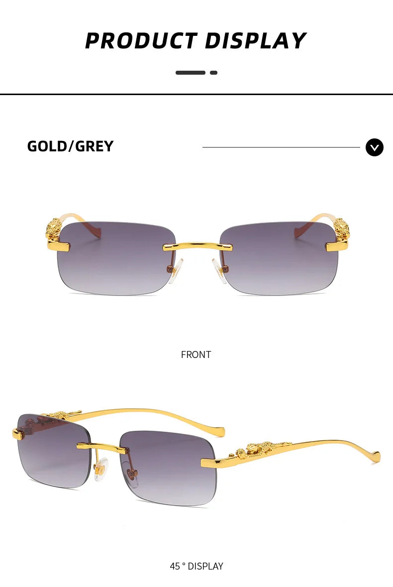 New Rimless Rectangle Vintage Metal Leopard Head Sunglasses Fashion Frameless Tinted Glasses Shades for Women Men