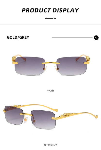 New Rimless Rectangle Vintage Metal Leopard Head Sunglasses Fashion Frameless Tinted Glasses Shades for Women Men