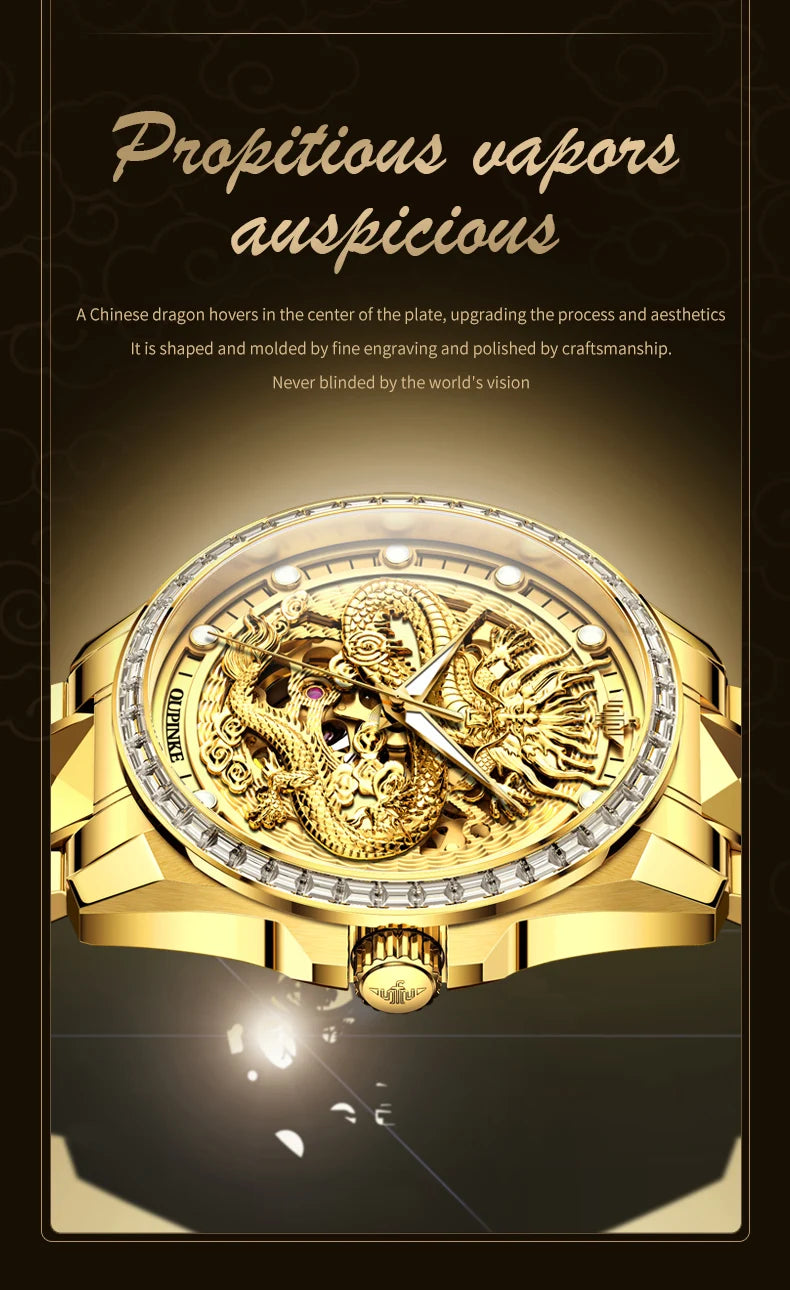 OUPINKE Herrenarmbanduhr, Top-Marke, Luxus, Gold, Wolframstahl, originale automatische mechanische Armbanduhr mit Zifferblatt im Drachenmuster