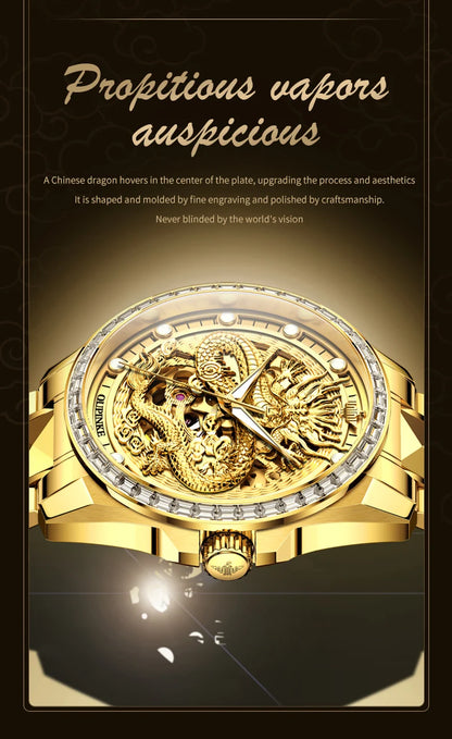 OUPINKE Herrenarmbanduhr, Top-Marke, Luxus, Gold, Wolframstahl, originale automatische mechanische Armbanduhr mit Zifferblatt im Drachenmuster