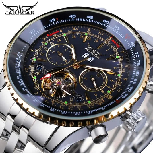 Relógio mecânico automático retro de luxo JARAGAR 034, turbilhão, esqueleto oco, aço inoxidável, calendário semanal, relógio para homem
