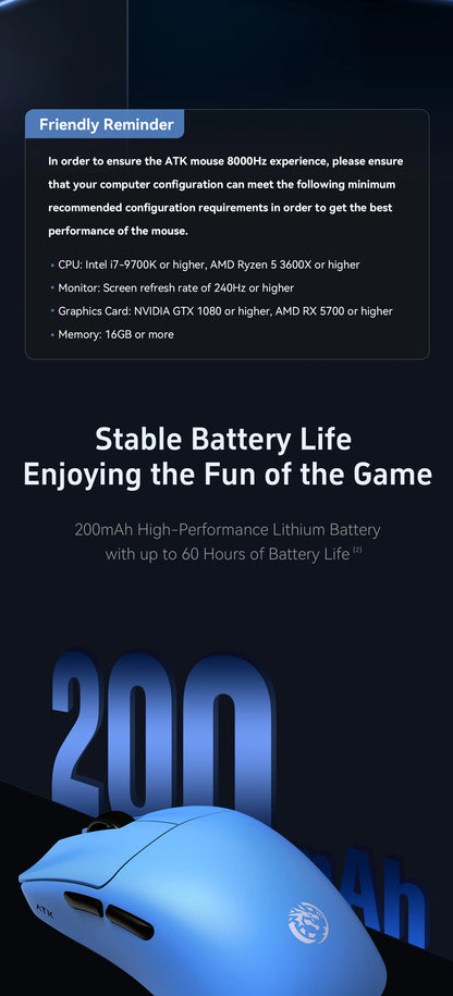 ATK BlazingSky F1 Extreme belaidė žaidimų pelė, PAW3950 Ultra, dviejų režimų, 8000Hz, 35g lengva e. sporto FPS pelė