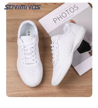 Women Dance Shoes Lightweight Flat Athletic Shoes Competitive Aerobic Gymnastics Shoes Fitness Sports Shoes White Dance Sneakers