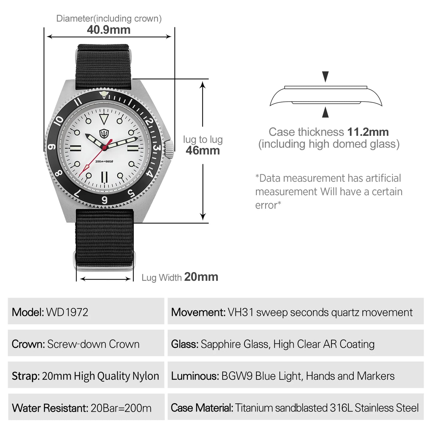 Watchdives WD1972 Men Watch VH31 Sweep Seconds Quartz Movement Sapphire  Stainless Steel Watches Waterproof Luminous Wristwatch