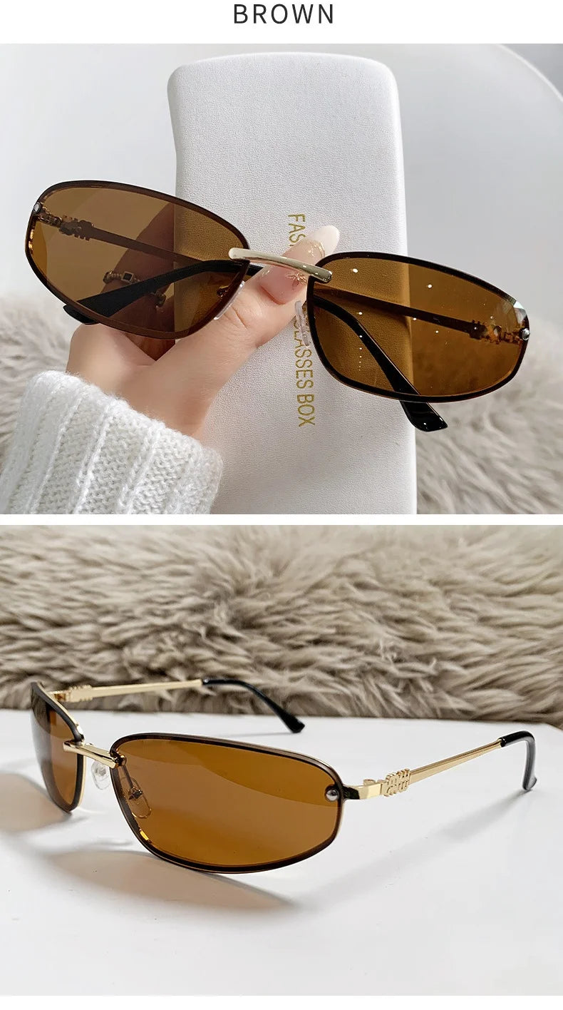 Gradient Oval Frameless Women's Sunglasses High Quality Luxury Brand Y2k Rimless Glasses Women High-end Punk Popular Shades UV