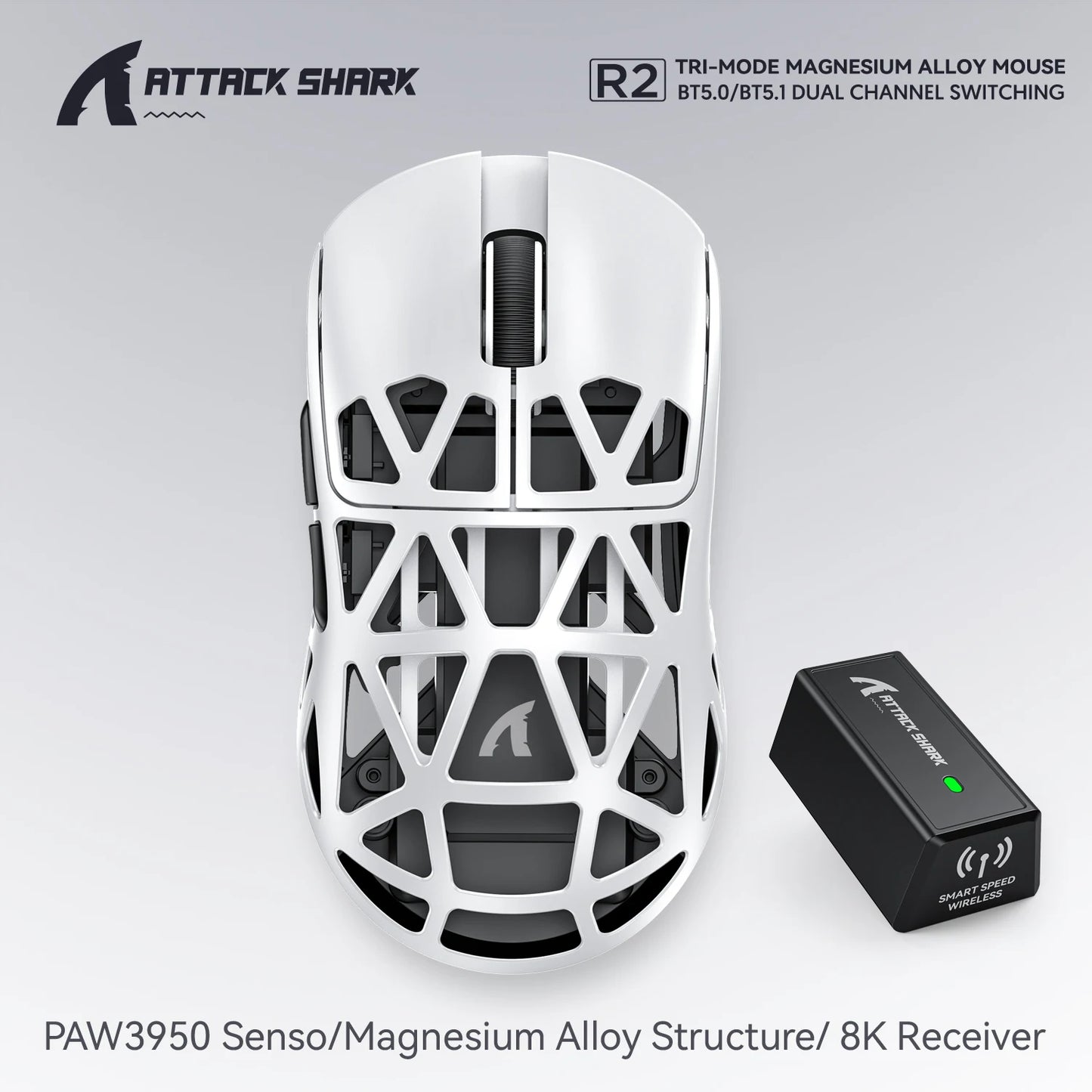 Attack Shark R2 Gaming Wireless Mouse PAW3950 8K Magnesium Alloy Lightweight Gaming Mouse Bluetooth Tri-Mode for Gaming/Office