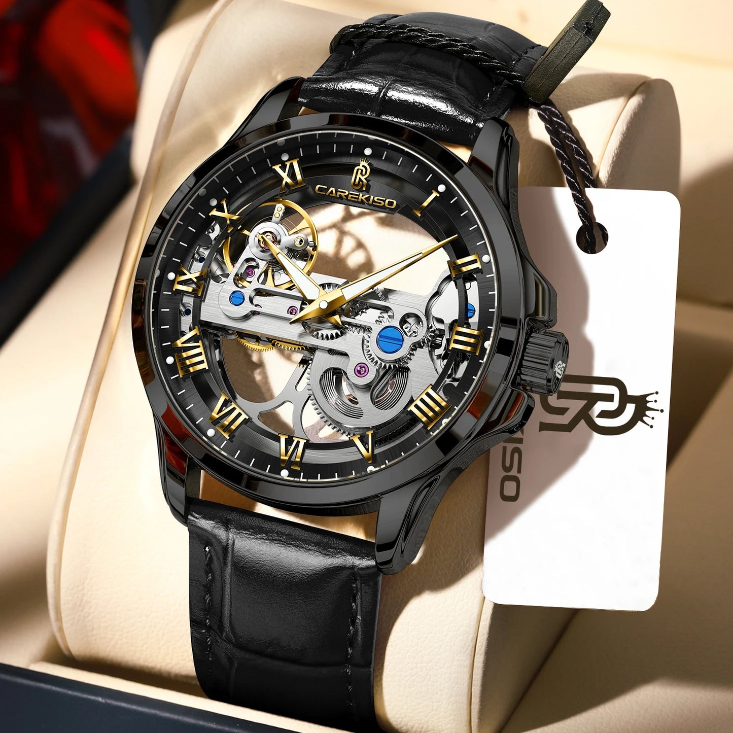 CAREKISO Fashion Men's Watches Original Mechanical Leather Men Clock Waterproof Hollow Tourbillon Automatic Man Watch Reloj Male