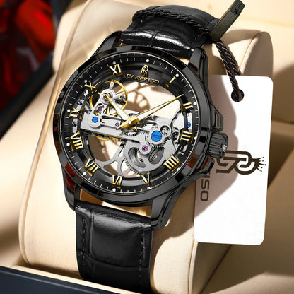 CAREKISO Fashion Men's Watches Original Mechanical Leather Men Clock Waterproof Hollow Tourbillon Automatic Man Watch Reloj Male