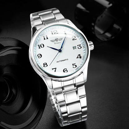 Klassiek herenhorloge – Retrostijl met datumweergave en blauwe wijzers, automatisch mechanisch uurwerk, prestigieus merk, stalen kast en leren band