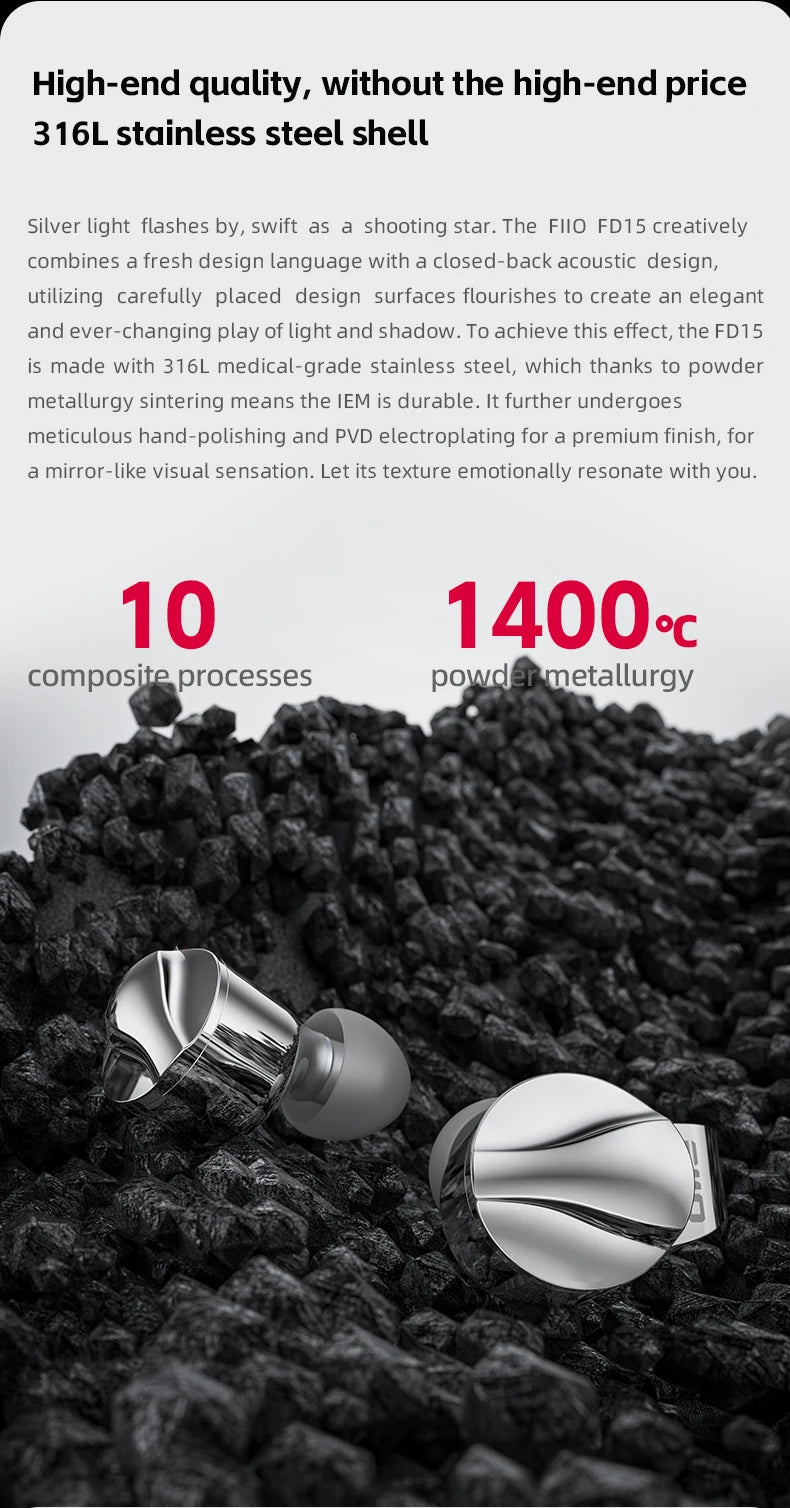 FiiO FD15 Hi-Res Dynamic Driver In-Ear Earphones, 13.8mm DLC Wired HiFi Earbuds with Magnalium Driver, MMCX Detachable Cable, Audiophile In-Ear Monitors