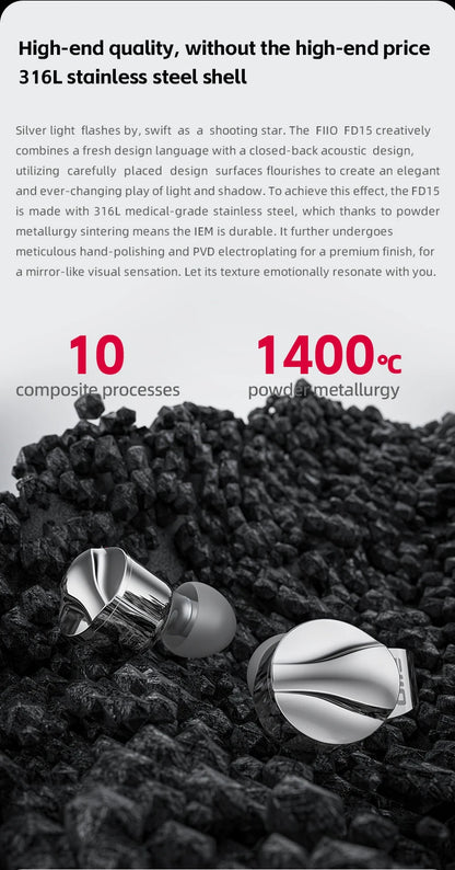 FiiO FD15 Hi-Res Dynamic Driver In-Ear Earphones, 13.8mm DLC Wired HiFi Earbuds with Magnalium Driver, MMCX Detachable Cable, Audiophile In-Ear Monitors