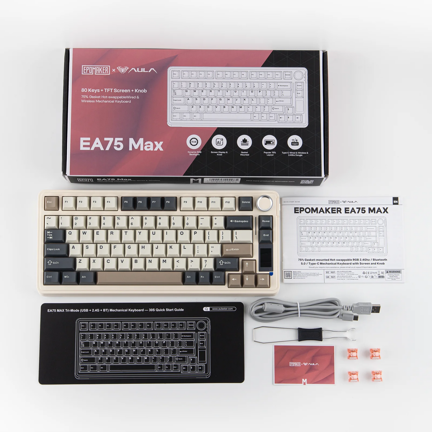 Tastiera meccanica EPOMAKER X AULA EA75 MAX 75% layout ANSI US, hot-swap, gasket mount, cablata/BT/wireless 2.4GHz, con schermo e manopola