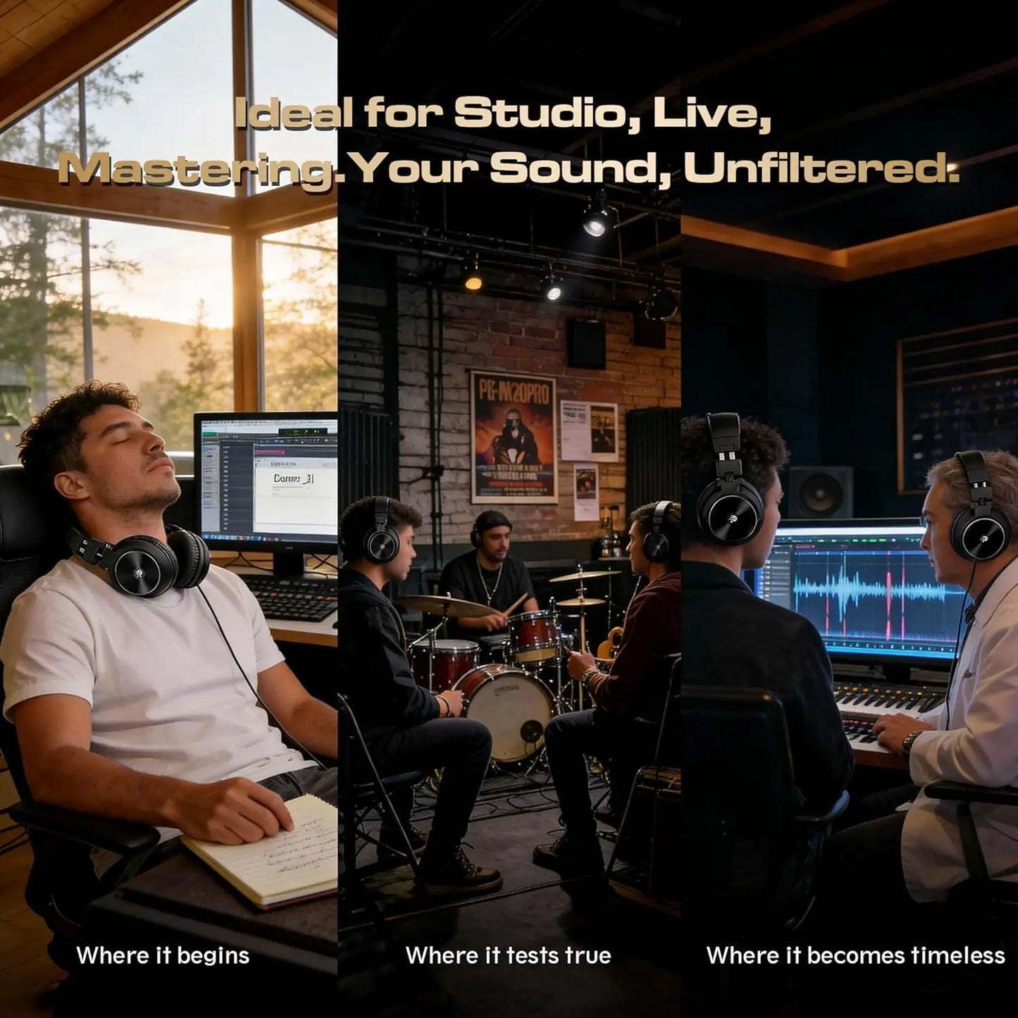 PUPGSIS Studio Monitor Headphones Wired Over Ear DJ Headphones with Microphone, 50mm Driver Hi-Res Audio, Professional Recording Headset