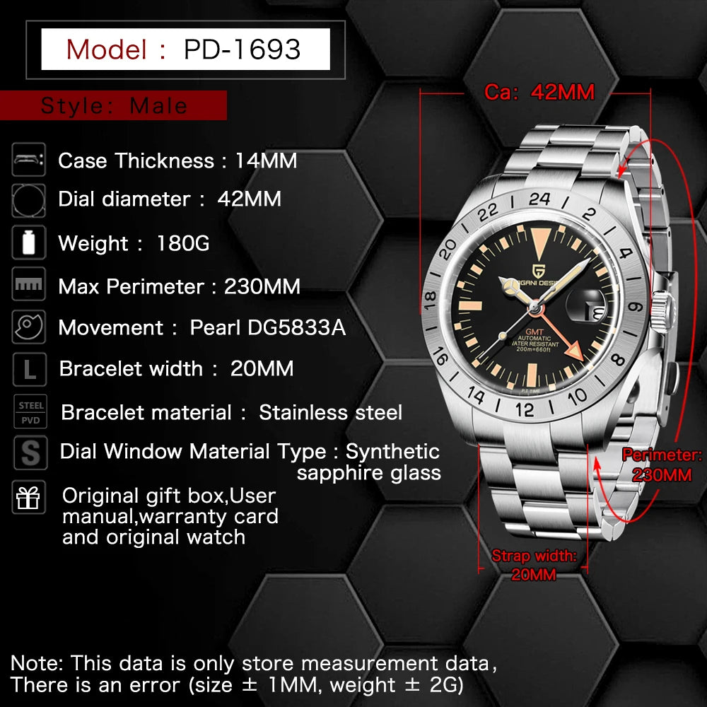 PAGANI DESIGN 2025 New Men's Automatic Mechanical Watch GMT Classic Retro Stainless Steel 200m Water Resistant Men's Wristwatch
