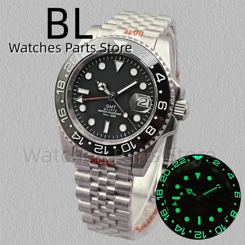 BLIGER 40mm 515 24H GMT Men's Watch Stainless Steel Clasp Luminous Quartz Movement Ceramic Bezel 10Bar Waterproof Sapphire Glass