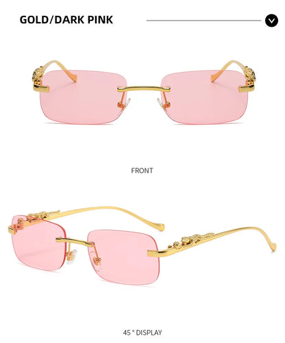 New Rimless Rectangle Vintage Metal Leopard Head Sunglasses Fashion Frameless Tinted Glasses Shades for Women Men