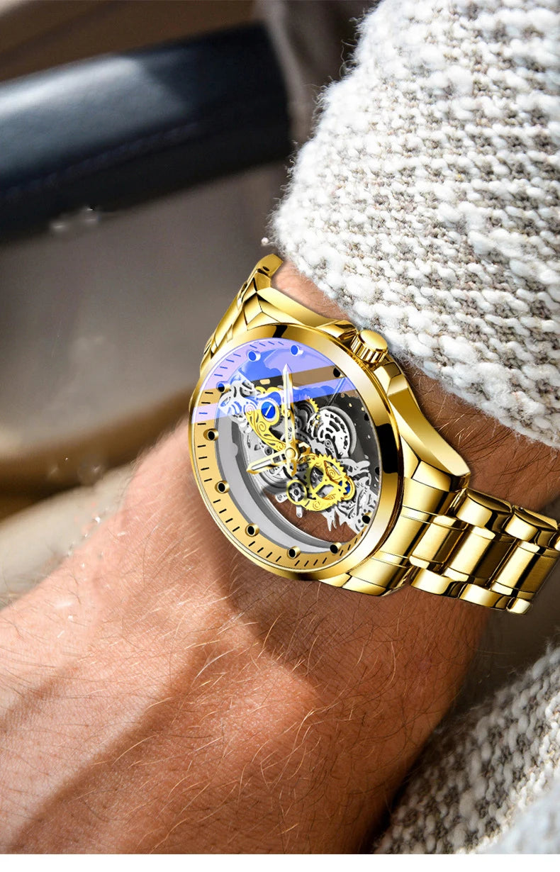 Montre tendance pour homme, modèle à double ouverture, style luxe doré, imitation tourbillon mécanique, mouvement à quartz.