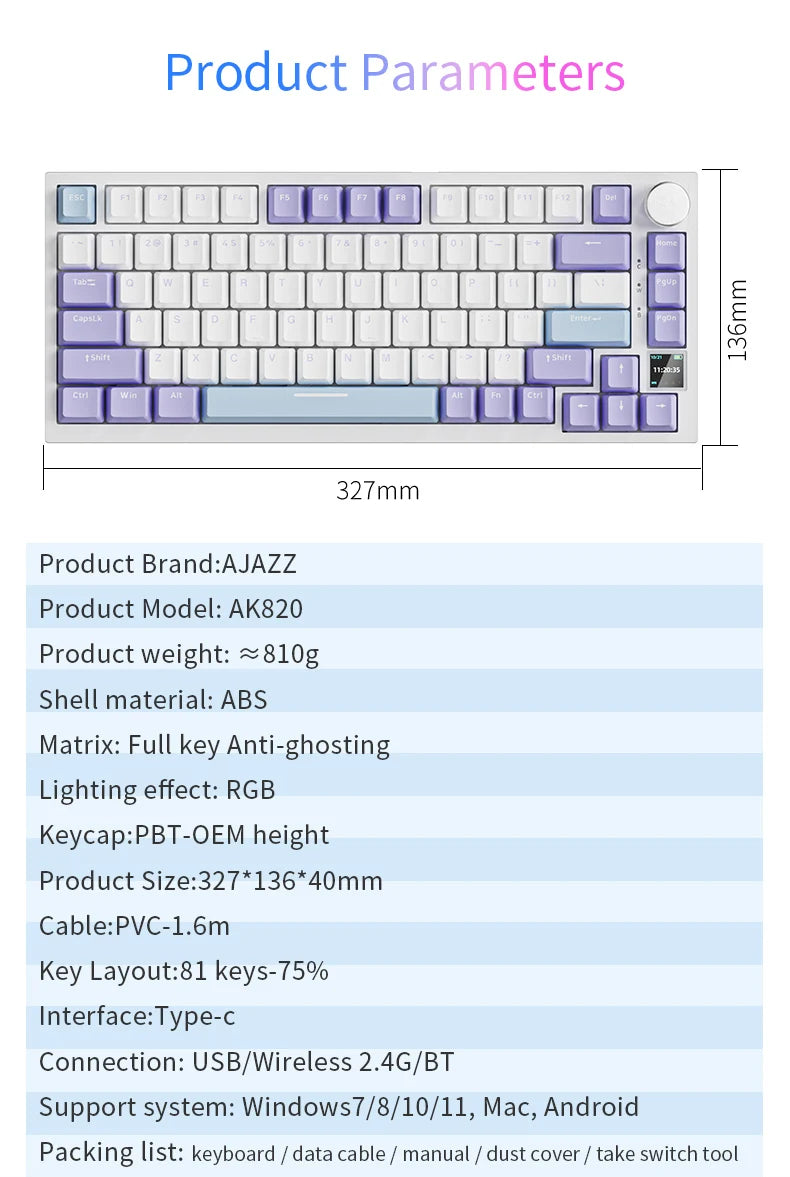 Ajazz AK820 /AK820PRO Gaming Mechanical Keyboard 82 Keys Wired Bluetooth 2.4GHz Wireless Gamer Keyboard Custom Gasket for Laptop