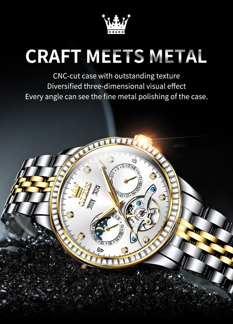OLEVS 7016 Automatic Man Watch Stainless Steel Diamond Bezel Skeleton Flywheel Moon Phase Luminous Waterproof Mechanical Watches