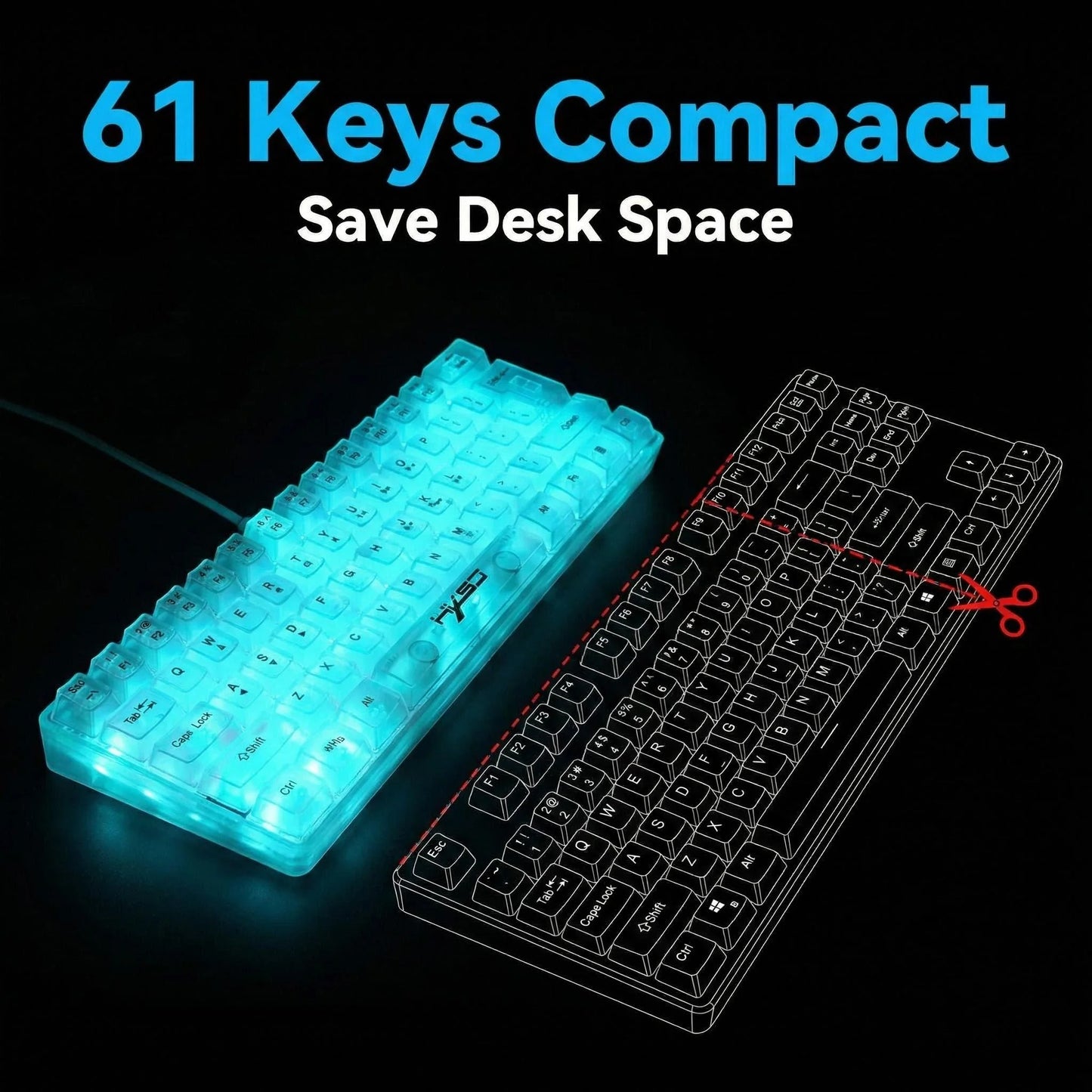 61-key fully transparent wired gaming keyboard with RGB backlight, ergonomic design, portable and ultra-compact 60% mini film ke