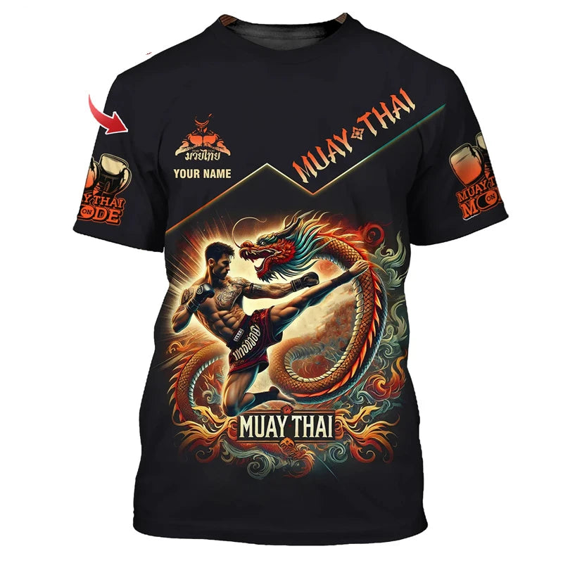 Cool ny Muay Thai-grafisk T-shirt til mænd, 3D-print med tiger- og dragemotiv, personlighed, tilpasset navn, T-shirt til sommer, træning og fitness
