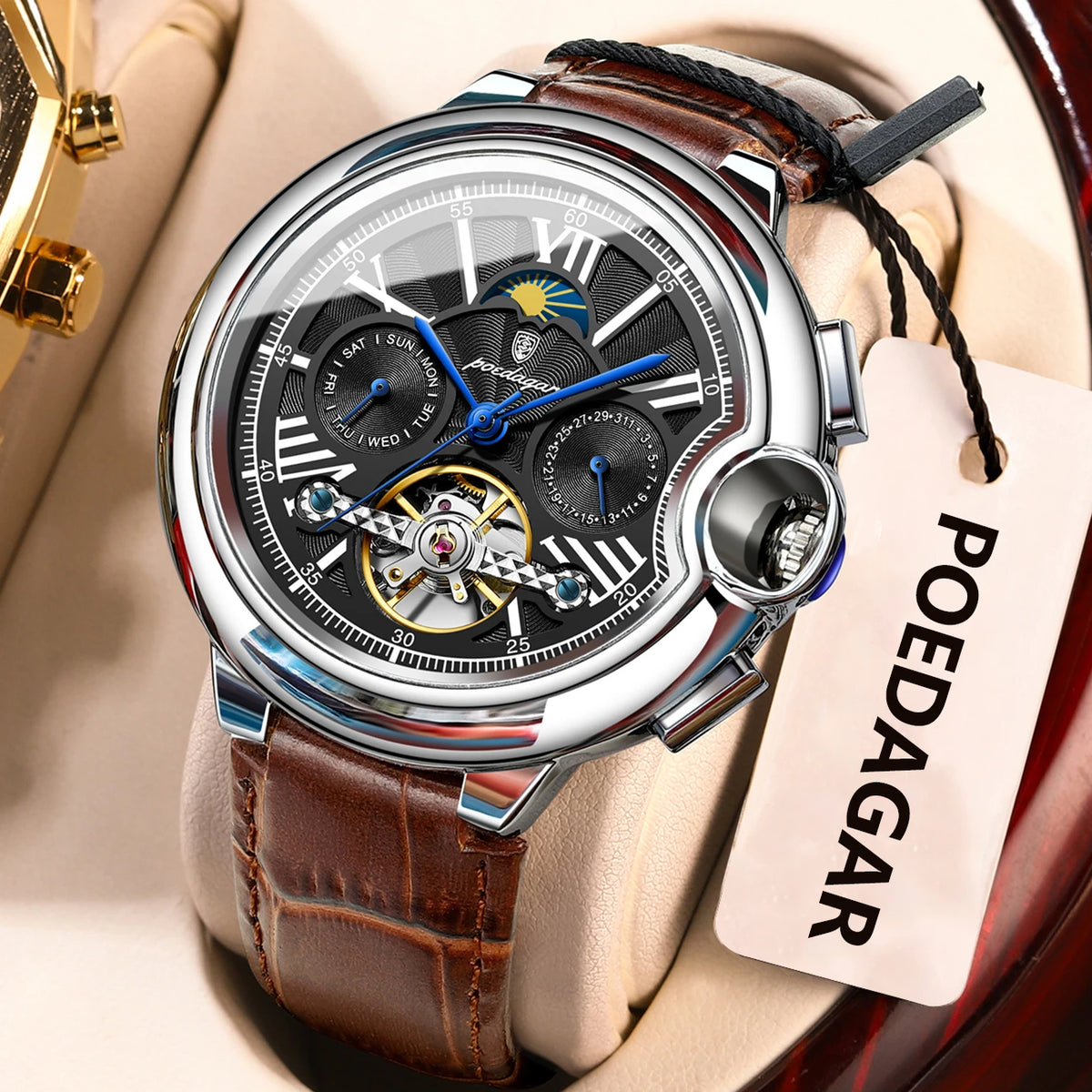 Montre pour homme POEDAGAR, style luxe et professionnel, avec affichage de la date et du jour, tourbillon, boîtier en acier inoxydable, mouvement mécanique automatique et étanchéité.
