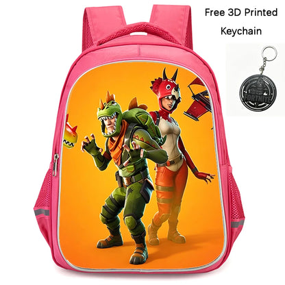 FORTNITE 16-inch Durable Lightweight Backpack, Dual Zipper Pockets, Cartoon Style for Boys & Girls Ages 6-10, Free 3D Printed Keychain