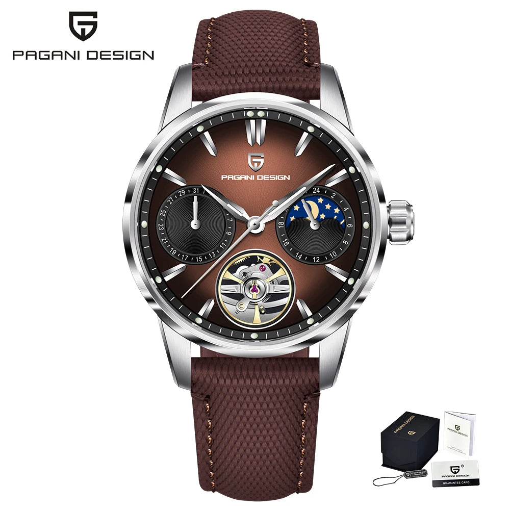 PAGANI DESIGN – Mechanische Luxusuhr für Herren, 41 mm, Saphirglas, Lederarmband, wasserdicht, Pilotenstil, mit Tourbillon und Mondphase