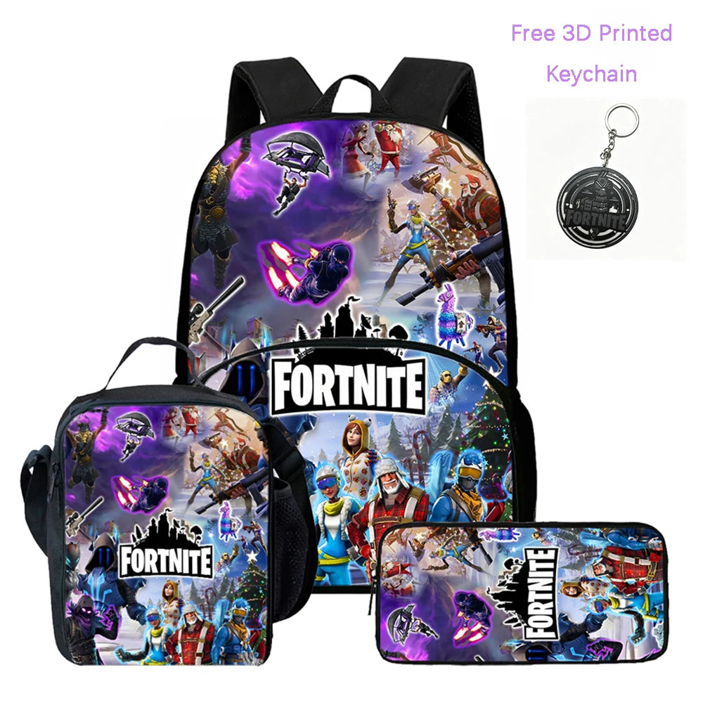 3-teiliges FORTNITE Cartoon-Schulset mit leichtem Rucksack, Fronttasche, Lunchbox und Federmäppchen für Kinder von 5-9 Jahren + kostenloser 3D-gedruckter Schlüsselanhänger
