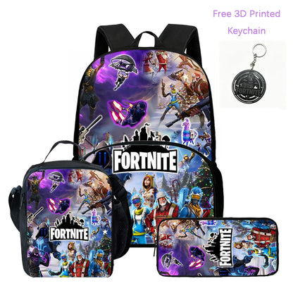 3-teiliges FORTNITE Cartoon-Schulset mit leichtem Rucksack, Fronttasche, Lunchbox und Federmäppchen für Kinder von 5-9 Jahren + kostenloser 3D-gedruckter Schlüsselanhänger