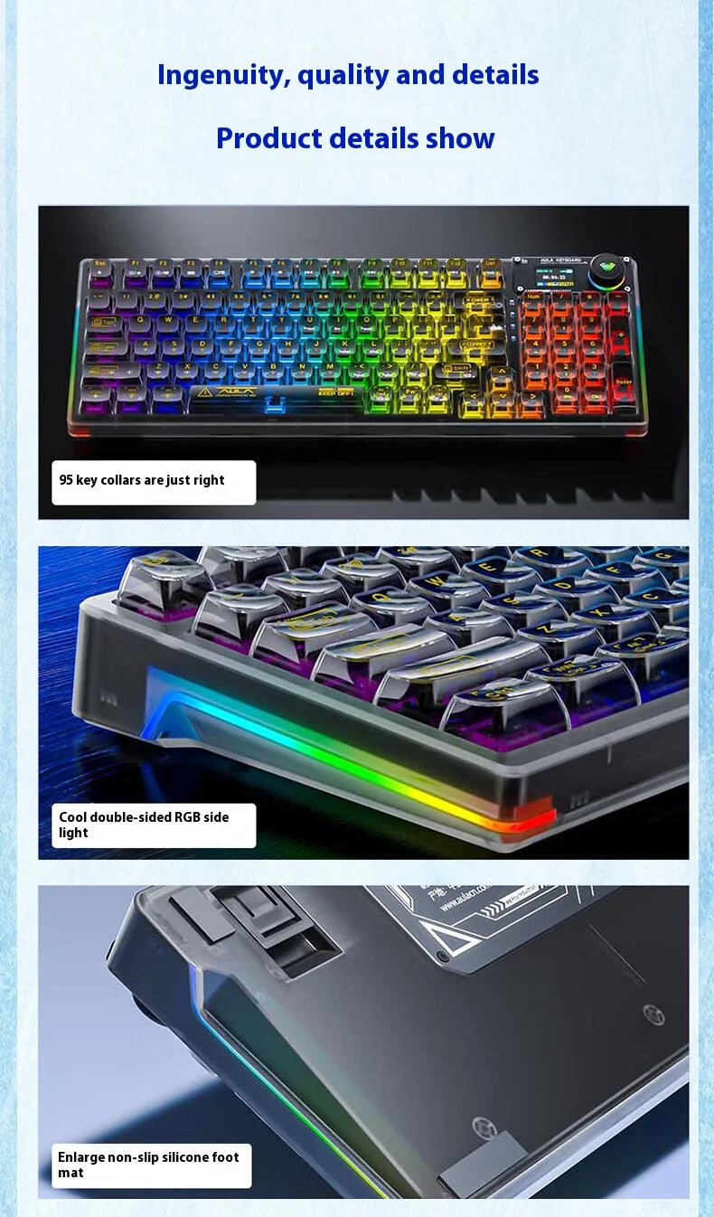 AULA F98PRO Wireless Mechanical Keyboard Transparent Keycaps RGB Backlit Custom 2.4G Hot Swappable Gaming Keyboard With Screem
