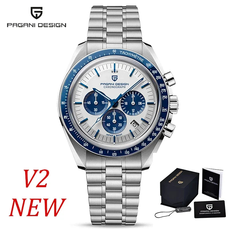 Vyriškas laikrodis „PAGANI DESIGN“ „New Moon“ – prabangus kvarcinis laikrodis su chronografu, safyro stiklu su antirefleksine danga, keraminiu rėmeliu ir šviečiančiomis rodyklėmis