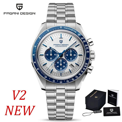 Vyriškas laikrodis „PAGANI DESIGN“ „New Moon“ – prabangus kvarcinis laikrodis su chronografu, safyro stiklu su antirefleksine danga, keraminiu rėmeliu ir šviečiančiomis rodyklėmis