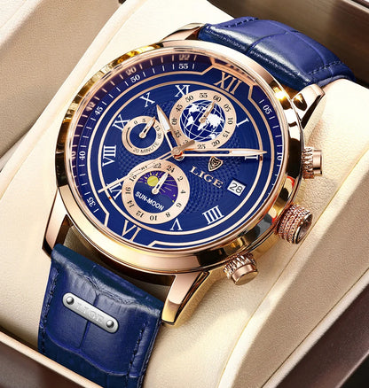 LIGE Luxury Man Wristwatch Waterproof Luminous Chronograph Watch for Men Leather Strap Men's Quartz Watches Reloj Hombre+Box