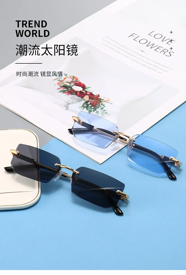 Fashion Rimless Rectangle Sunglasses Popular Women Men Shades Small Square Sun Glasses For Female Male Summer Traveling