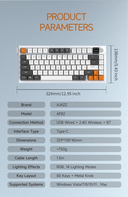 AJAZZ AF82 Low-Proflie Electrostatic Keyboard  4000mAh Trl-Mode 75% Type-C Display Screen  Keyboard Office Gaming E-sport