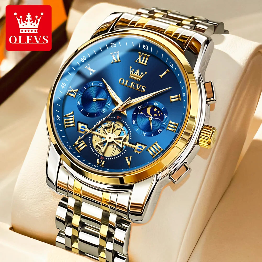 Reloj para hombre OLEVS 2859: modelo clásico y lujoso con números romanos, multifunción, resistente al agua, esfera luminiscente y mecanismo de cuarzo de alta calidad.