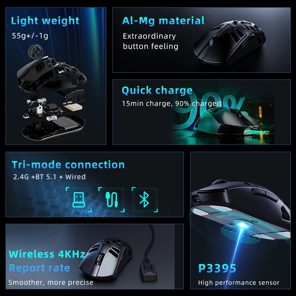 Ratón gaming inalámbrico DAREU Al-mg trimodo 8Khz PBT con carga rápida, PAW3950, 30000 DPI, ligero, para PC gamer
