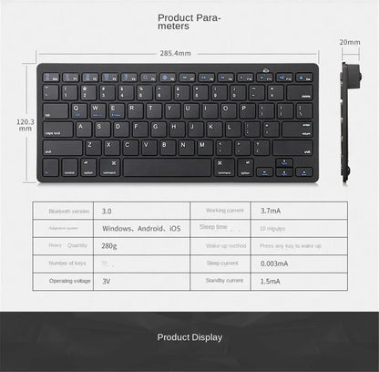 Mini Bluetooth Wireless Keyboard - 78 Keys Portable for PC/Tablet/Smartphone, Compatible with iPad, Compact Design forOffice