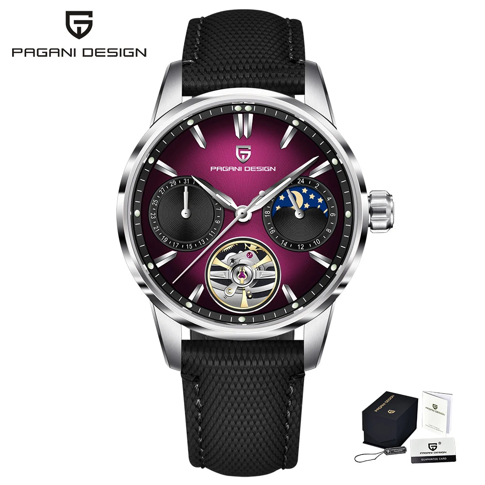 PAGANI DESIGN – Mechanische Luxusuhr für Herren, 41 mm, Saphirglas, Lederarmband, wasserdicht, Pilotenstil, mit Tourbillon und Mondphase