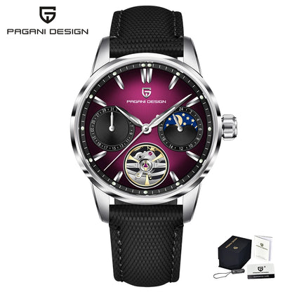PAGANI DESIGN – Mechanische Luxusuhr für Herren, 41 mm, Saphirglas, Lederarmband, wasserdicht, Pilotenstil, mit Tourbillon und Mondphase
