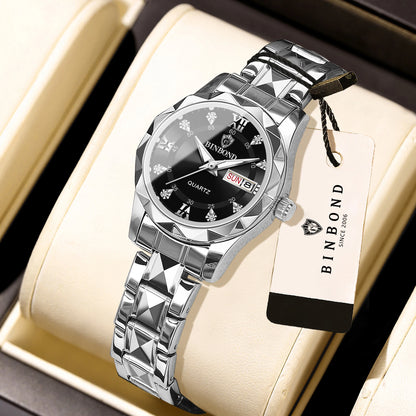 Montre pour femme BINBOND : montre à quartz robuste, luxueuse, luminescente et étanche, dotée d'un affichage précis de la date et du jour de la semaine.