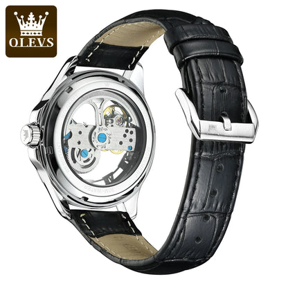 Reloj mecánico automático para hombre OLEVS 6661 – Modelo esqueleto totalmente transparente con volante a la vista, correa de piel, reloj de lujo original para hombre