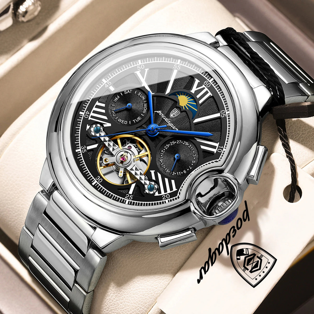 Orologio di lusso da uomo POEDAGAR – Modello meccanico a carica automatica con datario e indicatore del giorno, cinturino in pelle, tourbillon, impermeabile, stile elegante e professionale.