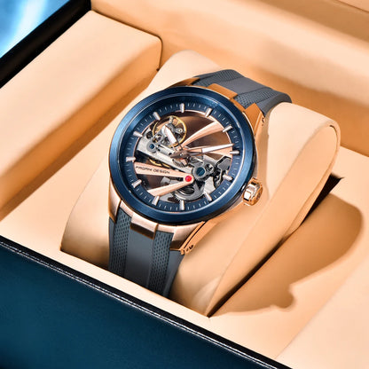 PAGANI DESIGN -miestenkello – Mekaaninen automaattinen luksusmalli, ”skelettityyppinen” (avoin rakenne), varustettu tourbillon-mekanismilla, heijastamattomalla safiirilasilla, vesitiivis ja valoa heijastava.