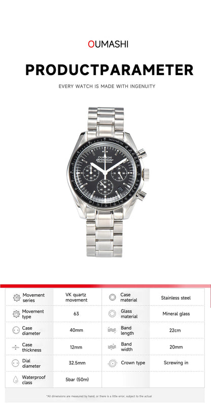 Moons Men's Watch for Man Fashion Quartz Watch Waterproof Chronograph AR Sapphire Glass