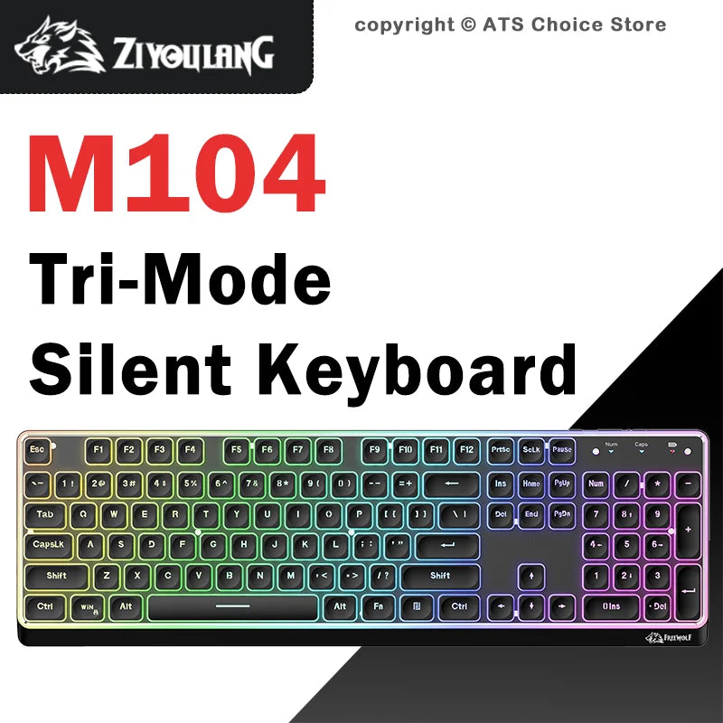 Freewolf M104 Tri-Mode Wireless Keyboard RGB 104 Keys Ultra Slim Quiet Membrane 4000mAh Large Battery for Office&Home